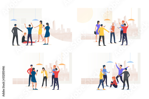 Bullying victim set. Group of people mocking their mate. Flat vector illustrations. Human communication, aggression concept for banner, website design or landing web page