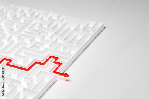 3d render: Concept - solving a complex problem. White maze with red solution path with arrow. High key image shot from above photo