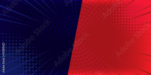 Pop art comic background lightning blast halftone dots. Cartoon Vector Illustration on red and blue.
