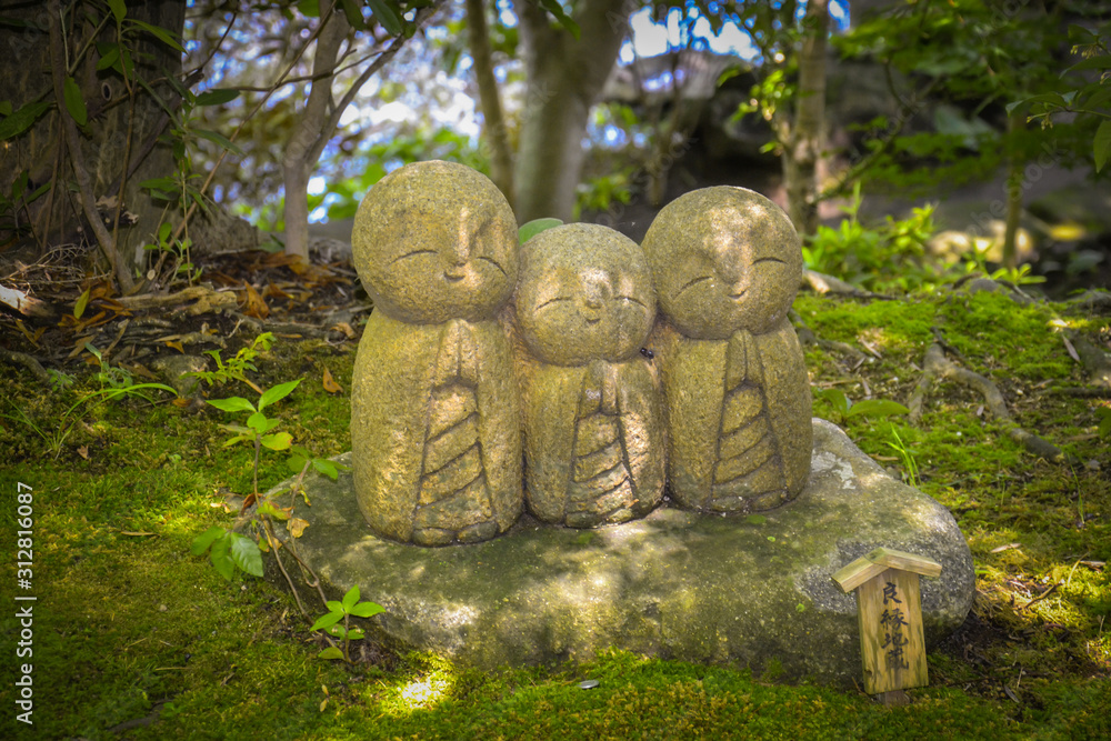 Jizo Figures Statue of 3 moncs at the Hase Dera Temple in Kamakura