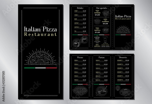 Italian pizza restaurant menu brochure template (pizzas, pastas, desserts, drinks) - 3 x DL (99 x 210 mm)