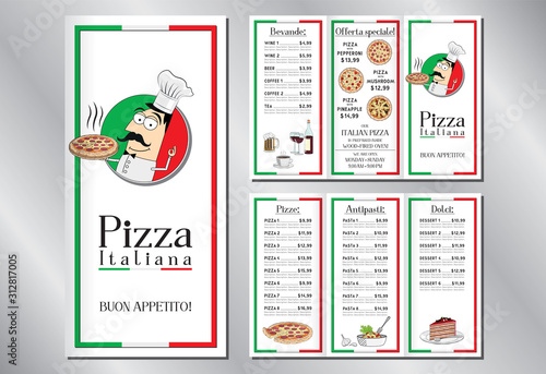 Italian pizza restaurant - menu/ flyer template - pizzas, pastas, desserts, drinks - 3 x DL (99x210 mm)