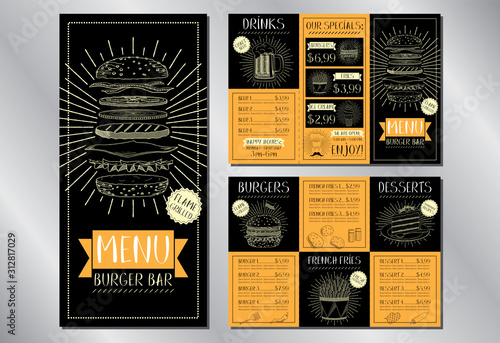 Burger bar menu flyer template  burgers  french fries  desserts  drinks  - 3 x DL  99 x 210 mm 