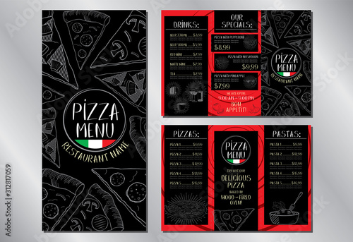 Pizza restaurant menu flyer template (pepperoni, mushroom, hawaiian, pasta, drinks) - 3 x DL (99 x 210 mm)