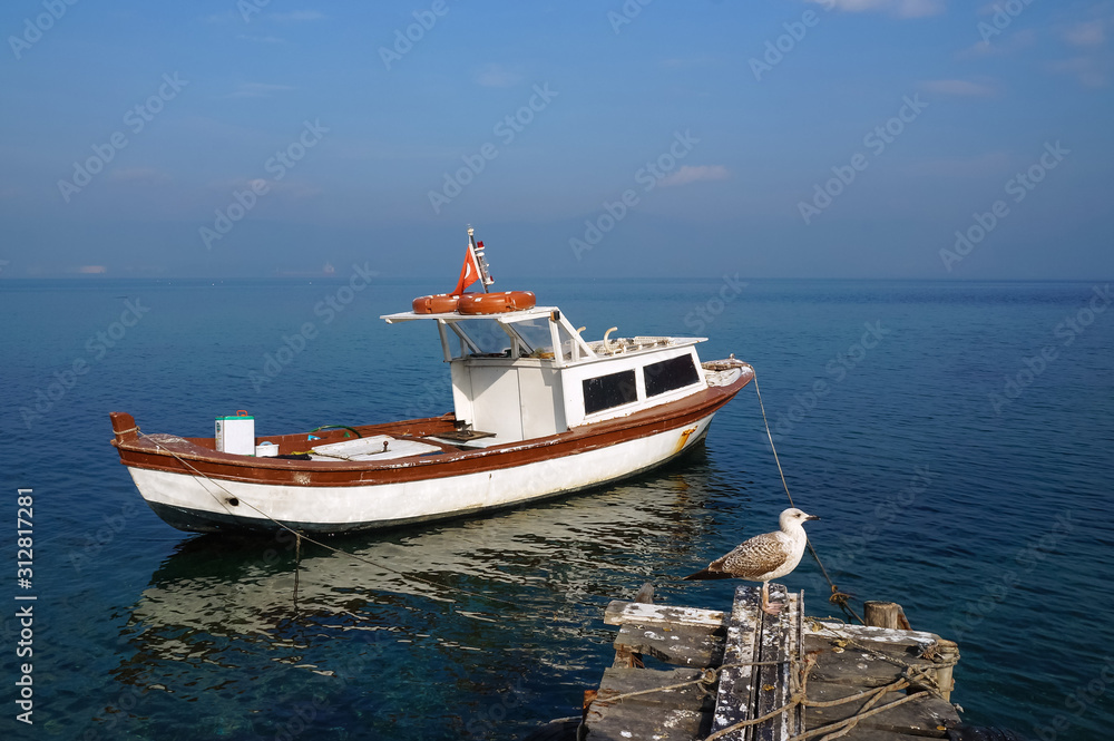 Beautiful sea view with a small white fishing boat and a seagull standing on the old wooden pier in the foreground. Bright sunny day, Degirmendere, Kocaeli, Turkey