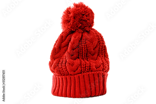 Red winter knit ski hat isolated white