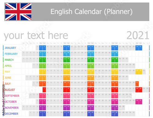 2021 English Planner Calendar with Horizontal Months on white background