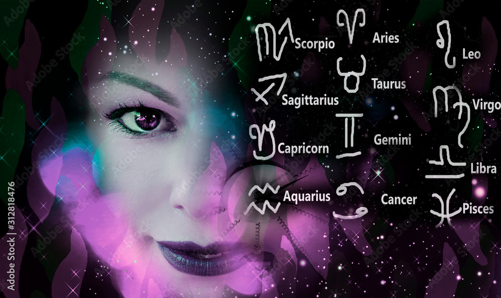Alien and astrological symbols in the cosmic sky Alien and astrological symbols in the cosmic sky