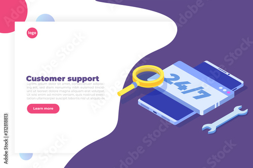 Support or call center 24/7 concept.   Web page or banner design templates.  24 hours open customer service. Vector illustration Isometric.