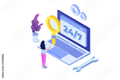 Support or call center 24/7 concept.   Web page or banner design templates.  24 hours open customer service. Vector illustration Isometric.
