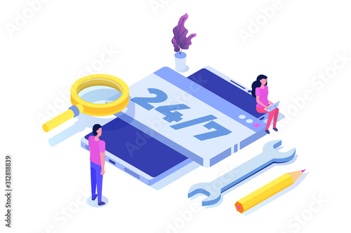 Support or call center 24/7 concept.   Web page or banner design templates.  24 hours open customer service. Vector illustration Isometric.