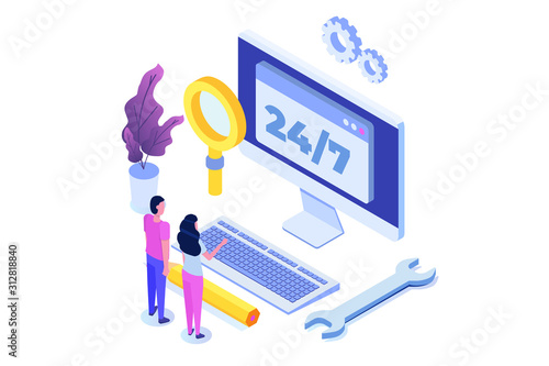 Support or call center 24/7 concept.   Web page or banner design templates.  24 hours open customer service. Vector illustration Isometric.