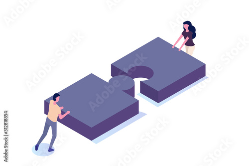 Unity, teamwork isometric concept. Connect two puzzle piece. Vector illustration.