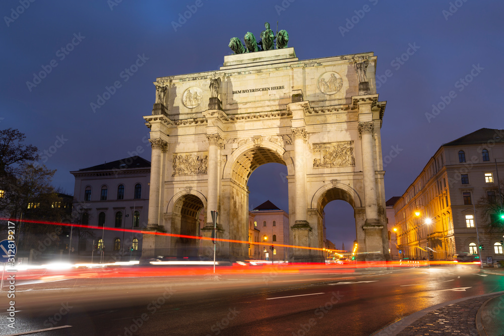 The Siegestor Victory Arch in Munich in the evening.