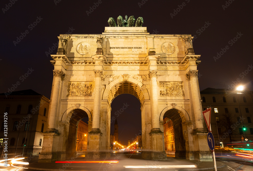 The Siegestor Victory Arch in Munich in the evening.