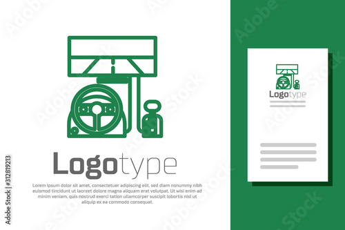 Green line Racing simulator cockpit icon isolated on white background. Gaming accessory. Gadget for driving simulation game. Logo design template element. Vector Illustration