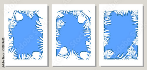 Palm leaves. Trendy, congratulation or invitation card, flyers, template design with southern plants. Set of posters, flyer brochures, covers, set of advertising.