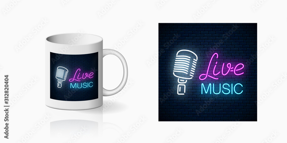Neonprint of nightclub with live music on ceramic mug mockup. Branding identity design sign of a nightclub with karaoke Neonprint of nightclub with live music on ceramic mug mockup. Branding identity design sign of a nightclub with karaoke