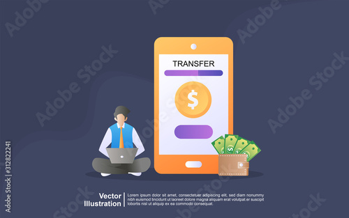 Illustration concept of online transfer. payment using smart phone application and bank account credit card, online banking, Online money transfer illustration, financial transaction, mobile wallet.