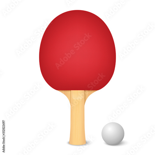 Vector 3d Realistic Red Ping Pong Racket and Ball Icon Closeup Isolated on White Background. Sport Equipment for Table Tennis. Design Template