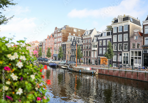 View of the buildings along the canal in Amsterdam. 