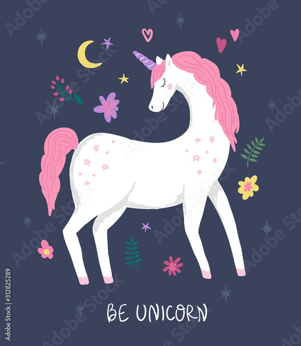 Unicorn with pink hair, flowers and moon. Cute illustration for children. Can be used for kids t-shirt design, poster, greeting card, invitation, nursery wallpaper or other decor