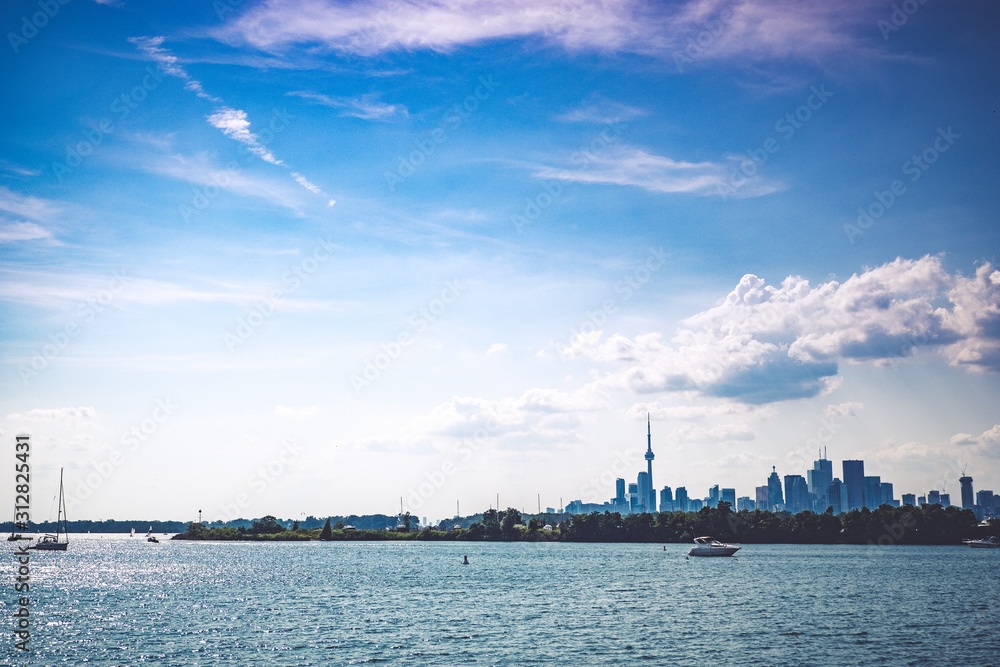 Toronto skyline with a beautiful blue sky with clouds, Toronto, Ontario, Canada