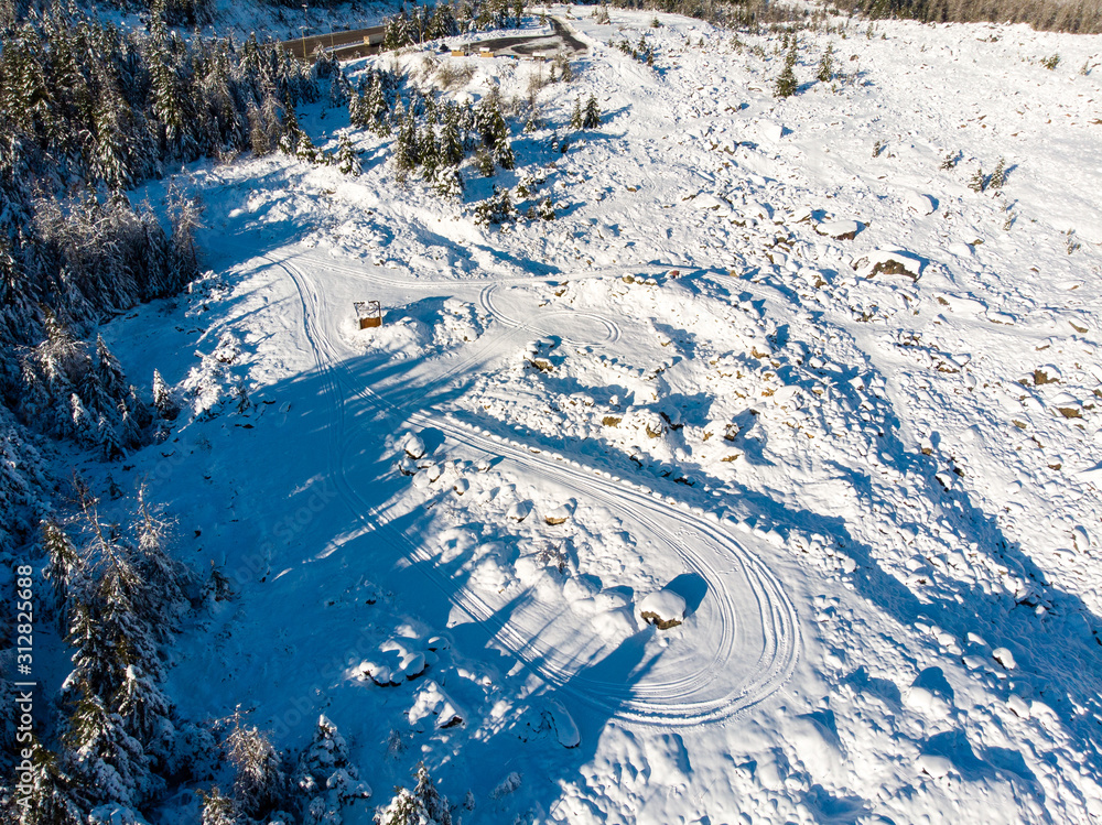 Aerial view of fresh tracks in the snow