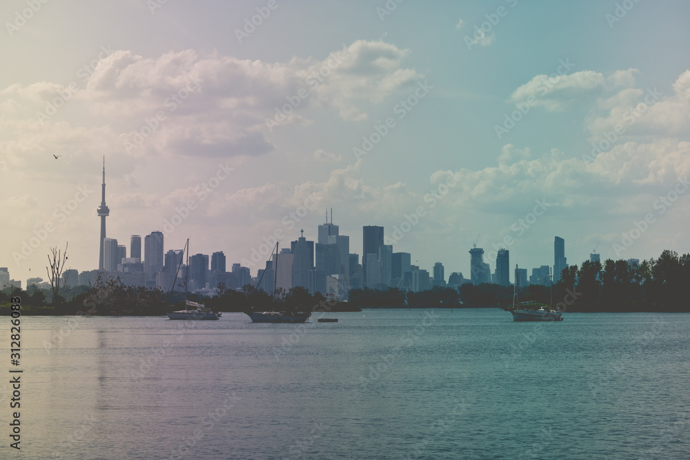 Toronto skyline with a beautiful blue sky with clouds, Toronto, Ontario, Canada