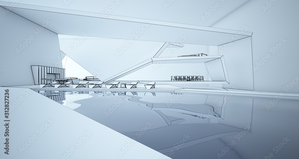 Abstract drawing architectural white interior of a minimalist house with swimming pool and large window. 3D illustration and rendering. Abstract drawing architectural white interior of a minimalist house with swimming pool and large window. 3D illustration and rendering.