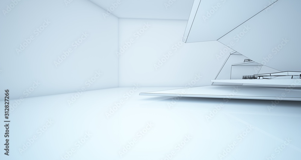 Abstract drawing architectural white interior of a minimalist house with swimming pool and large window. 3D illustration and rendering. Abstract drawing architectural white interior of a minimalist house with swimming pool and large window. 3D illustration and rendering.