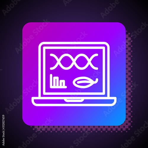 White line Genetic engineering modification on laptop icon isolated on black background. DNA analysis, genetics testing, cloning. Square color button. Vector Illustration