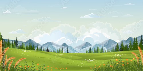 Spring landscape with mountain, blue sky and clouds,Panorama Green fields, fresh and peaceful rural nature in springtime with green grass land. Cartoon vector illustration for spring and summer banner