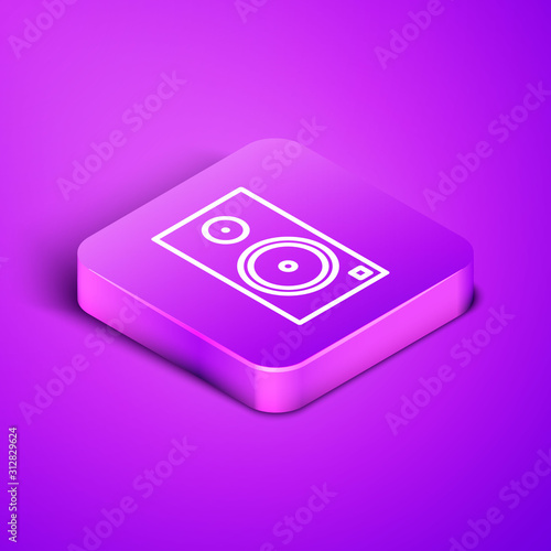 Isometric line Stereo speaker icon isolated on purple background. Sound system speakers. Music icon. Musical column speaker bass equipment. Purple square button. Vector Illustration