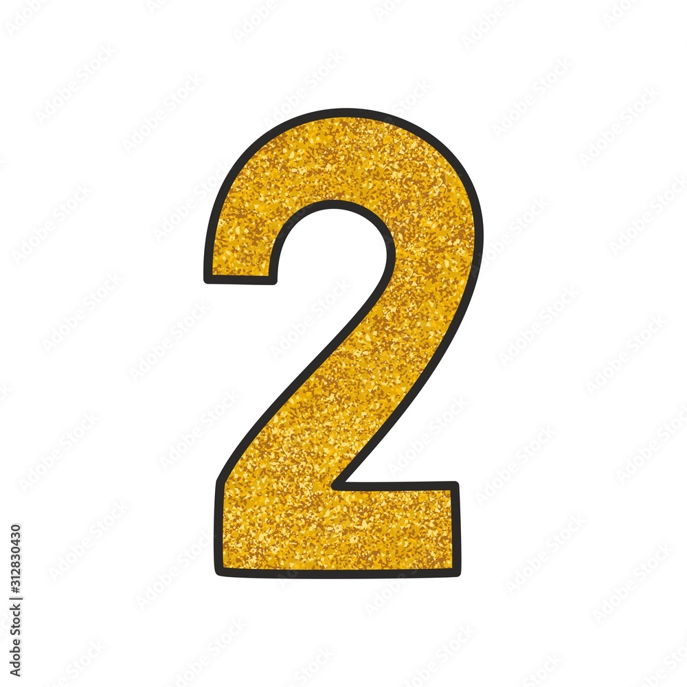 Hand drawn golden vector number 2 isolated on white background