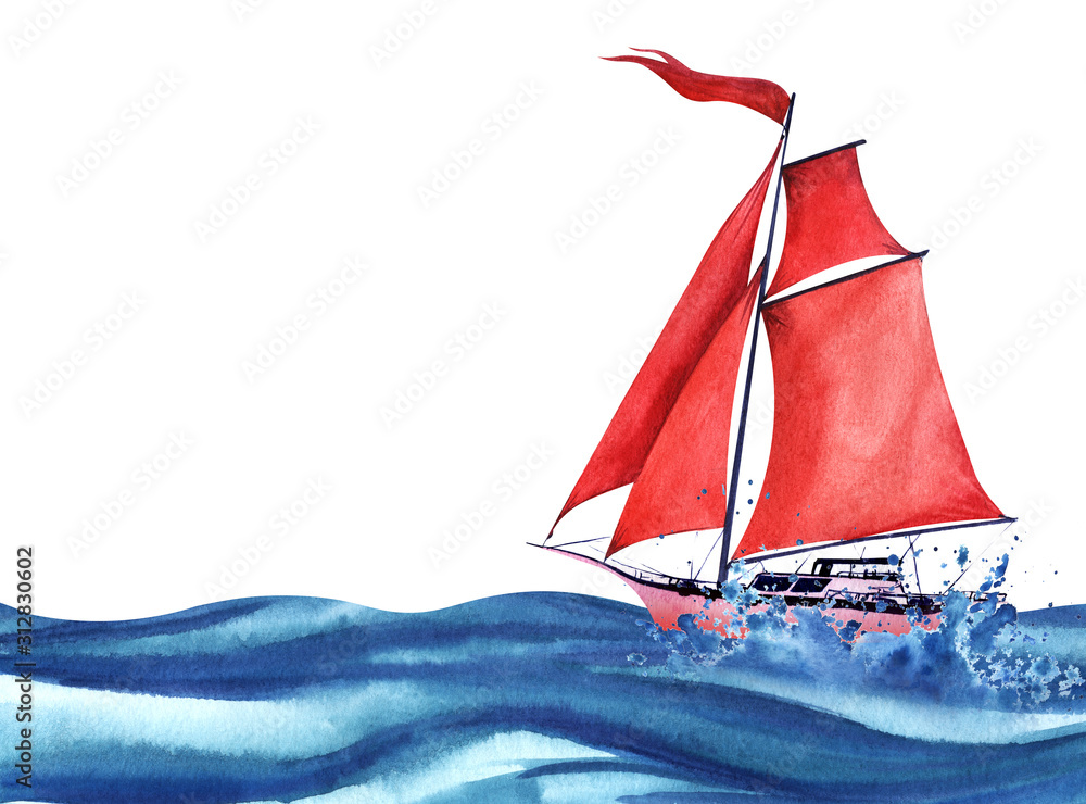 Fototapeta Lightweight pink abstract sailing yacht with red sails and a red waving flag. Sailing among the ocean waves and spray. Boat at sea. Hand drawn watercolor illustration. Isolated