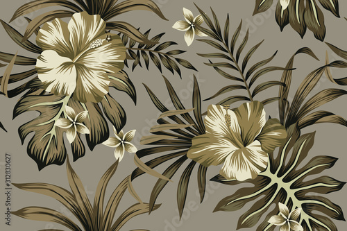 Tropical flower hibiscus and plumeria floral palm leaves seamless pattern grey background. Exotic jungle wallpaper.