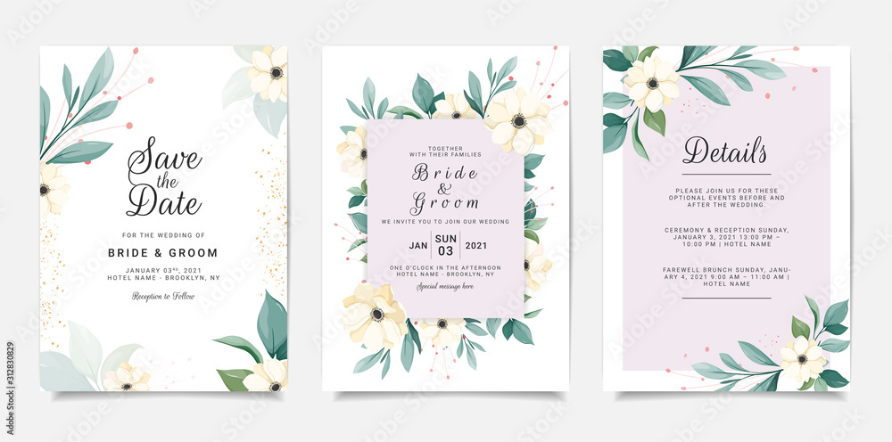 Set of card with anemone. Wedding invitation template set with floral frame. White flowers and leaves botanic illustration for background, save the date, greeting, poster, cover vector
