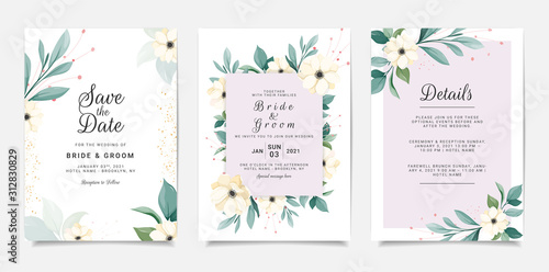 Set of card with anemone. Wedding invitation template set with floral frame. White flowers and leaves botanic illustration for background, save the date, greeting, poster, cover vector