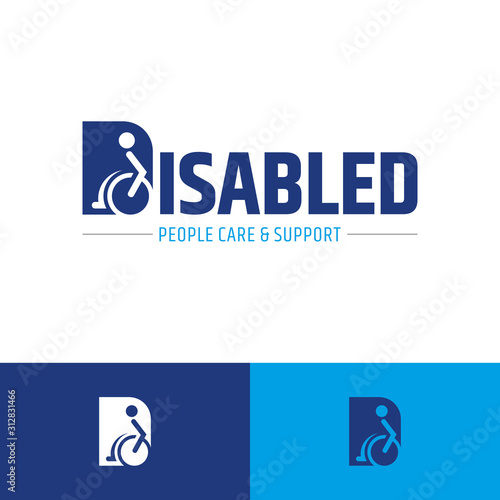 Disabled people typography logo design, initial letter d logo with silhouette human with disability, disabled vector illustration