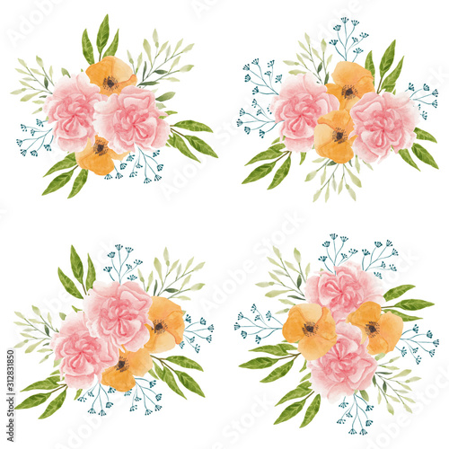 Beautiful watercolor carnation flower bouquet set