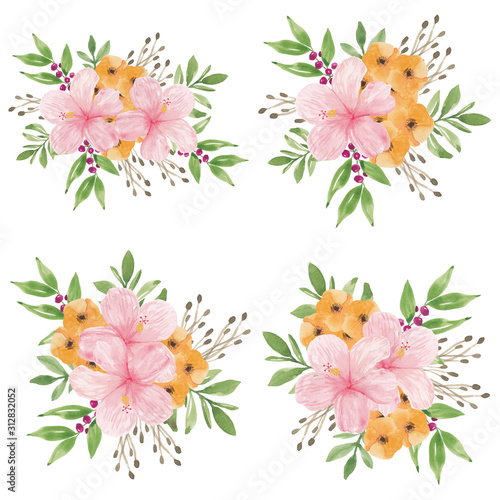Set of watercolor hibiscus flower bouquet illustration