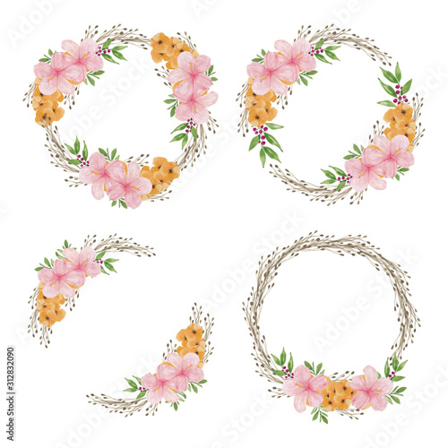 Watercolor illustration of hibiscus flower circle frame set