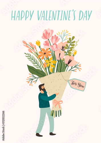 Romantic illustration with cute man and flowers. Vector design concept for Valentines Day and other users.