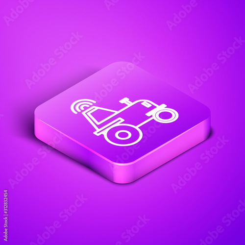 Isometric line Self driving wireless tractor on a smart farm icon isolated on purple background. Smart agriculture implement element. Purple square button. Vector Illustration