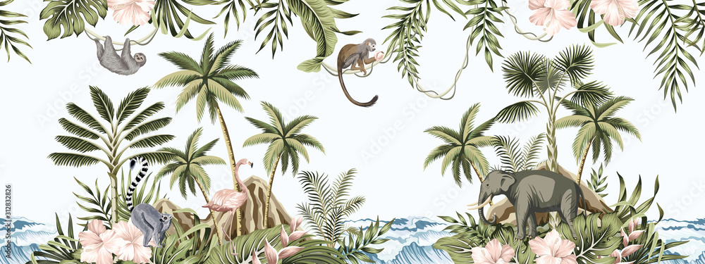 Tropical vintage botanical landscape, palm tree, plant, palm leaves, sloth, monkey, elephant wild animal, mountain island, sea waves floral seamless border blue background. Jungle animal wallpaper.