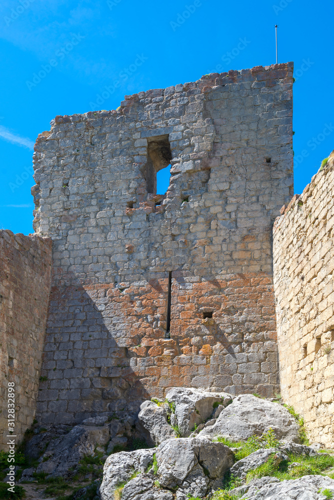 Ruins of fortress Montsegur from inside out