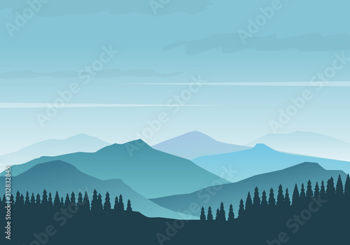 Fototapeta Naklejka Na Ścianę i Meble -  Forest silhouette and morning foggy mountains vector illustration with blue color. Mountains landscape background 