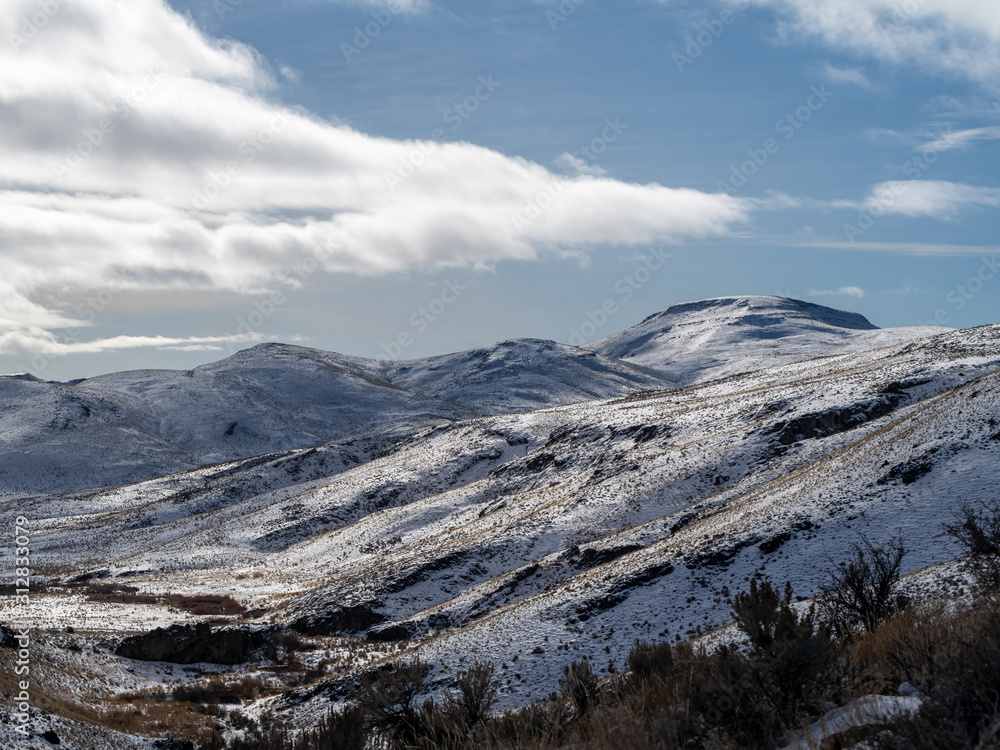 Snow capped mountain landscape in the Nevada desert.
