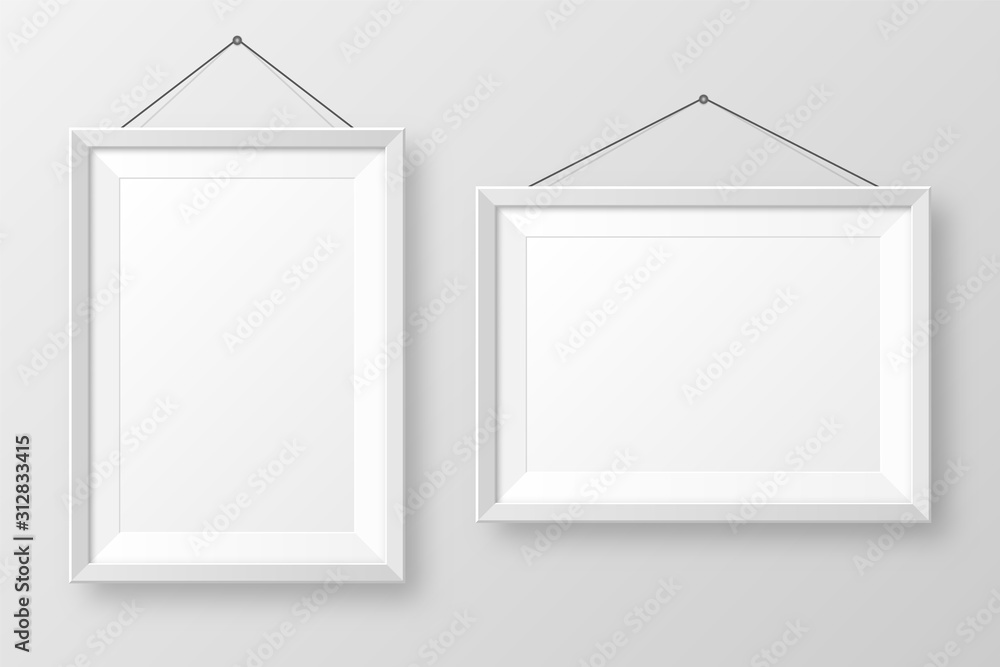 Realistic hanging on a wall blank white picture frame with shadow. Modern  poster mockup isolated on gray background. Empty photo frame for art  gallery or interior. Vector illustration. Stock Vector | Adobe
